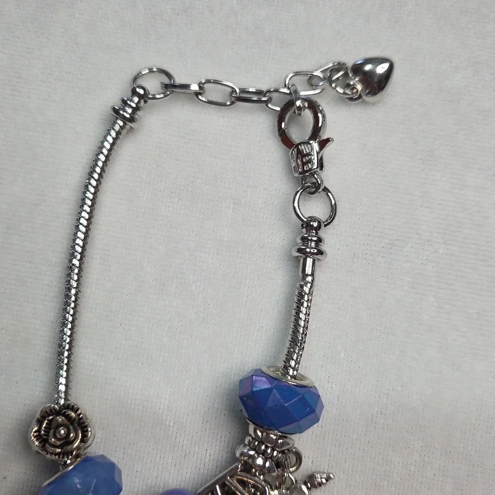 Blue Silver Beaded Charm Bracelet Silver Tone Heart Key Charms Crown Flower bead